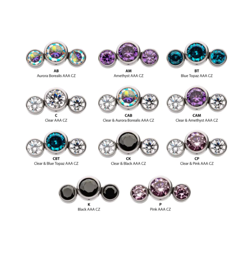 Bezel Set 3 Cluster Side Facing CZ Threadless Ends