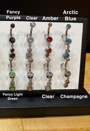 Navel Barbell - Double Bezel-set Faceted Gem with Dangles