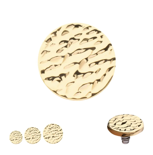 14k Gold Hammered Flat Disc Threaded Dermal Top