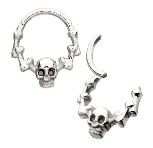 Titanium Skull and Bones Clicker - Black CZ Eyes
